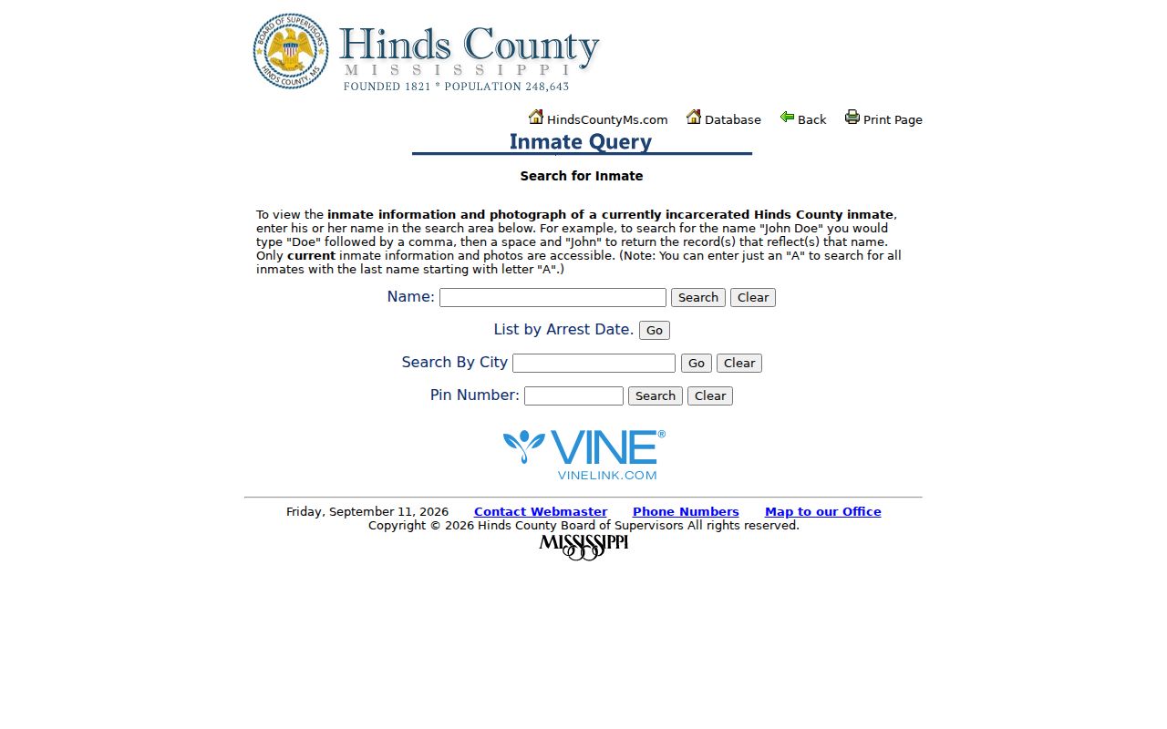 Hinds County current inmate query fields