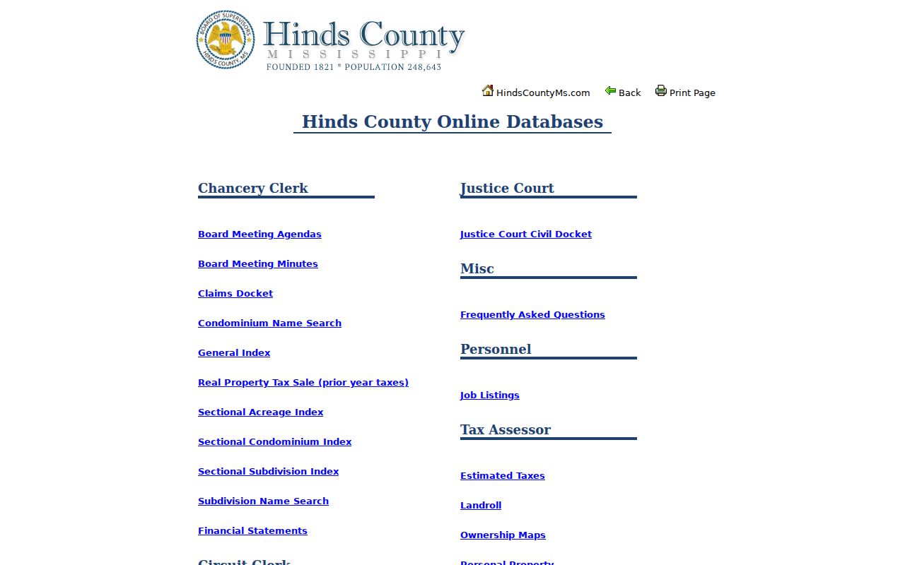 Hinds County official database index